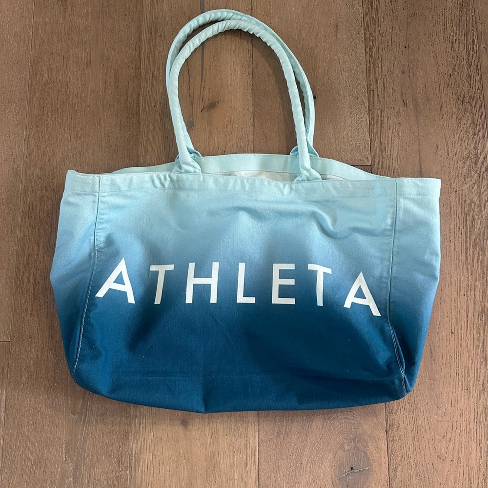 Athleta Ombre Teal to Navy Canvas Tote with White Logo